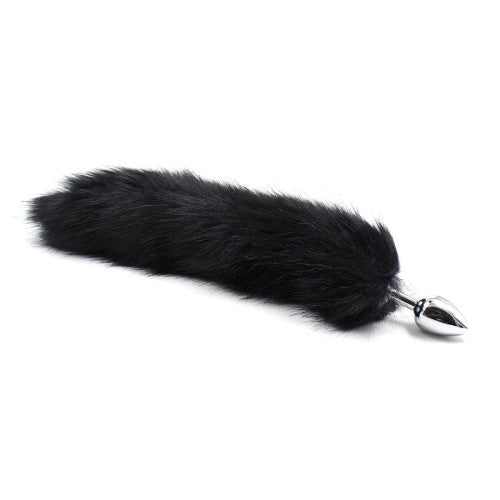 Black Faux Fur Tail with Metal Butt Plug - Large