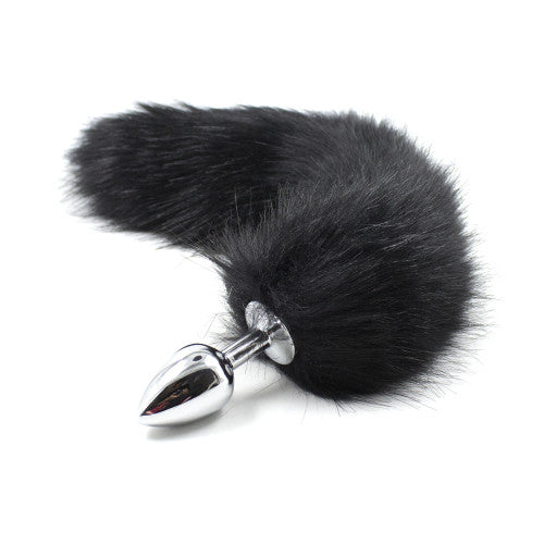 Black Faux Fur Tail with Metal Butt Plug - Large