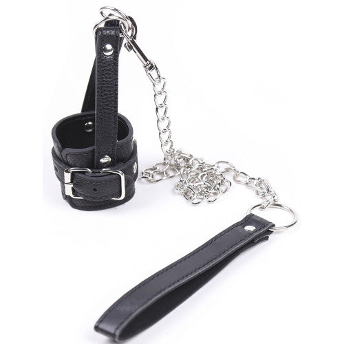 Leather cock ring with metal chain leash