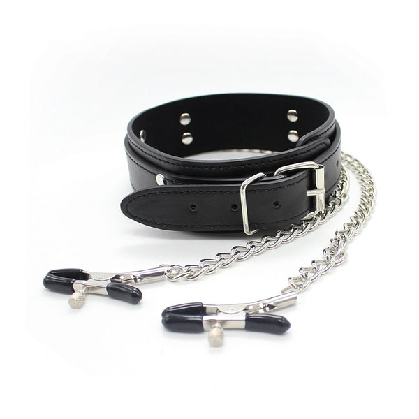 Leather Neck Collar With Nipple Clamps