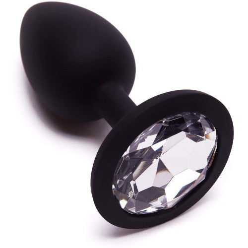 Small BLACK Silicone butt plug with CLEAR Jewel