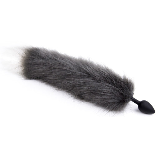 Grey white tipped faux fur tail Silicone butt plug SMALL