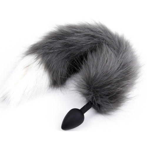 Grey white tipped faux fur tail Silicone butt plug SMALL