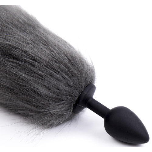 Grey white tipped faux fur tail Silicone butt plug SMALL