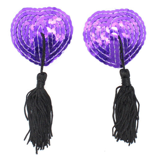 Purple Heart Burlesque Sequin Nipple Black Tassels