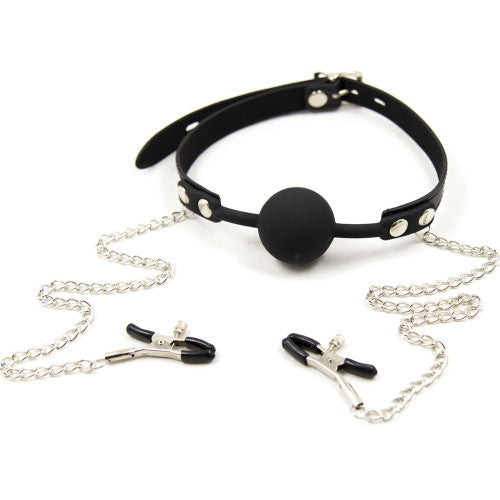 Silicone Ball Gag with Chained Nipple Clamps