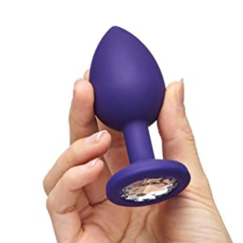 Small PURPLE silicone butt plug with CLEAR Jewel