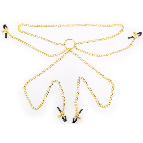 Golden Necklace Chain with Adjustable Nipples and Labia Clamps