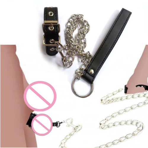 Leather cock ring with metal chain leash