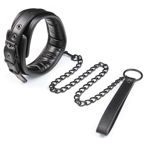 Bdsm Black foam padded Leather Neck Metal Chain Leash