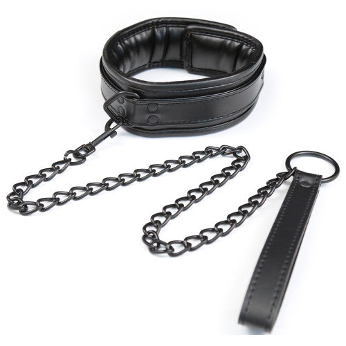 Bdsm Black foam padded Leather Neck Metal Chain Leash