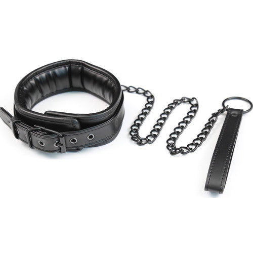 Bdsm Black foam padded Leather Neck Metal Chain Leash